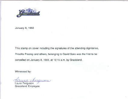 Graceland FDC Letter of Authenticity